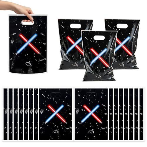 FestiVex 50Pcs Black Galaxy Themed Party Favors Gift Bag with Handle Universe Star Themed Plastic Goodie Bags for Kids Baby Shower Birthday Supplies Galaxy Christmas Halloween Party Decorations