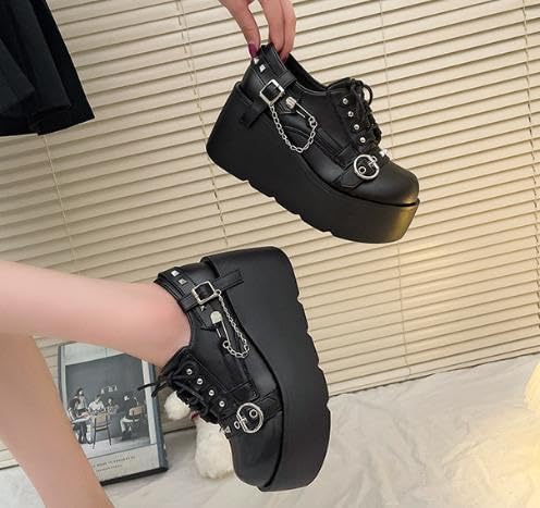 UniqueStride Women Studded Chain Buckle Mary Janes Lace Up Pumps Wedge Platform Round Toe Flats Shoes Punk Goth Pump Shoe