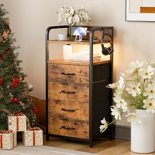 IKIFLY チェスト 棚付きタンス 収納チェスト LEDライト付き 引き出し 洋服収納 箪笥リビング収納 布製引き出し 寝室収納ケース USBポート 衣類収納 軽量 コンパクト 省スペース 薄型 スリム 転倒防止 組み立て簡単 2段階棚【幅40×奥行30×高さ83.5cm】ビンテージ