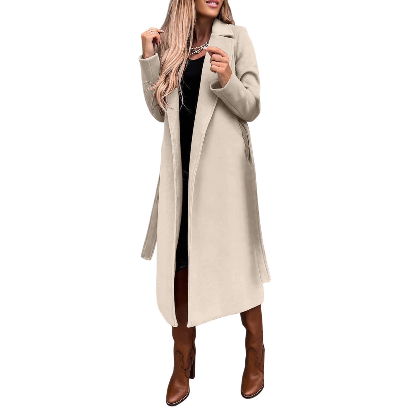 LIUYUYOUGO Womens Long Wool Pea Coats Notched Collar Open Front Trench Coat With Self Belt Elegant Solid Color Woolen Blend Overcoat Long Winter Jackets Warm Windproof Outerwear Apricot S