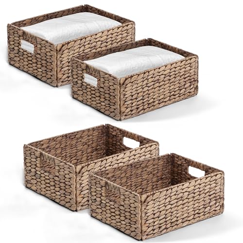 Image of BLUEWEST Woven Baskets for Storage (Pack 4) Large 15.1x11.7 inch Wicker Water Hyacinth Storage Basket with Sturdy Built-in Handle, Collapsible Handwoven Basket for Bathroom, Laundry, Wardrobe, Shelves