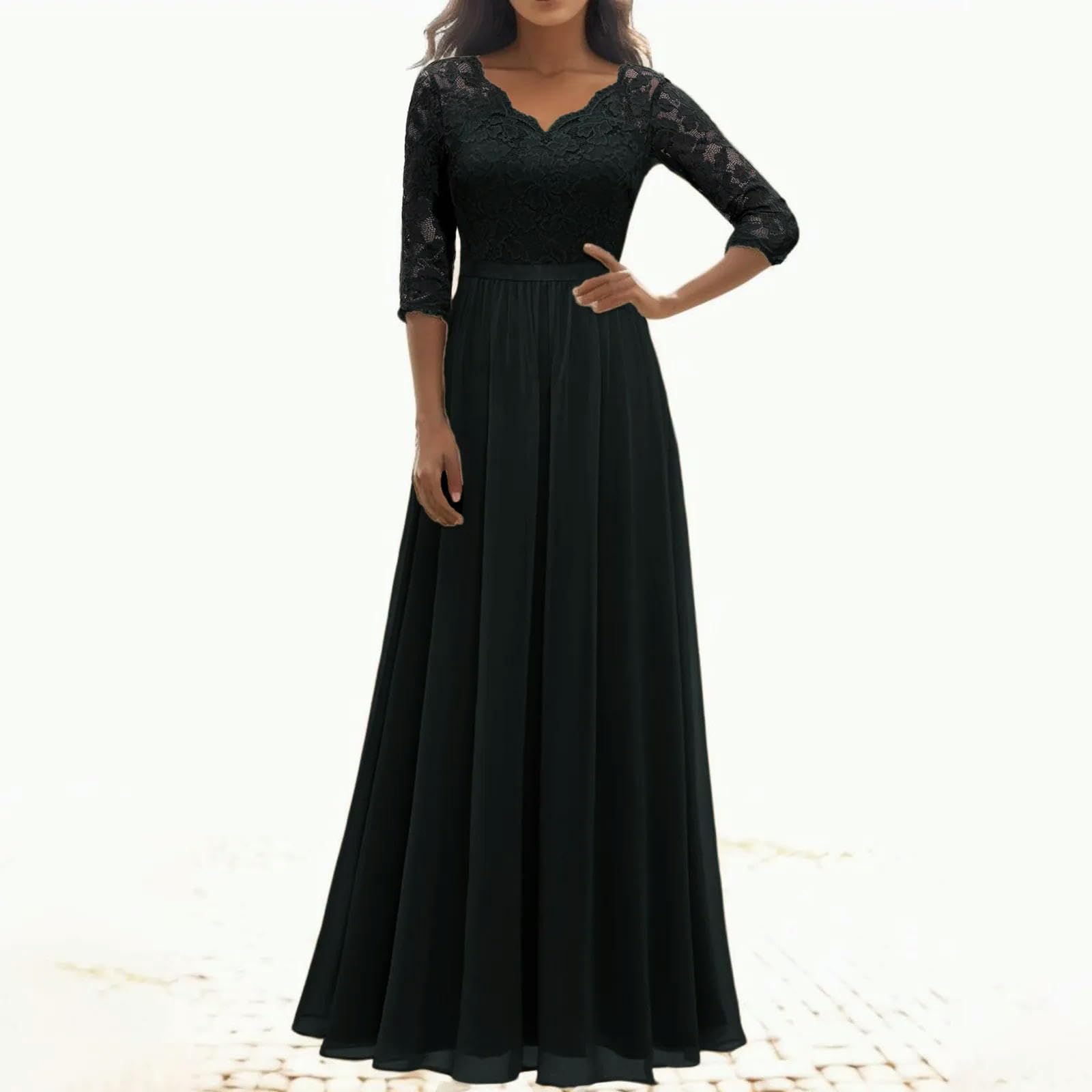 Elegante Vestido de Gasa de Encaje para Mujer, Vestido Largo Liso de Manga 3/4, Hueco, de Fiesta Grande, Corte A, Vestidos Formales para Bata de Invitados de Boda-Beige-L
