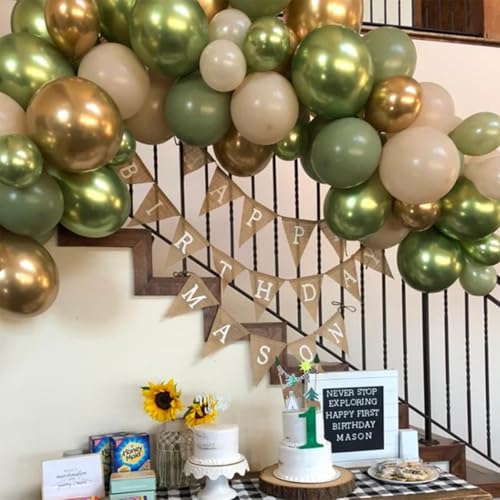 Image of Sage Green Gold Balloons, 12 Inch 60 Pcs Metallic Olive Green White Gold Confetti Balloons Retro Green Balloons for Birthday Bridal Baby Shower Wedding Jungle Safari Camp Bachelorette Decorations