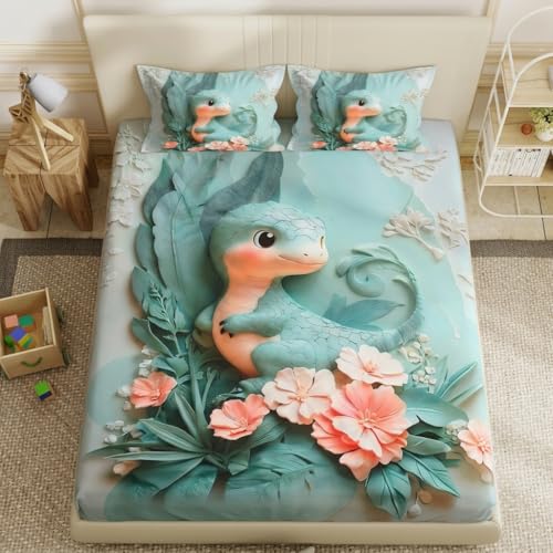 Image of Dinosaur 7D Printed Bedsheet for Double Bed | Glace Cotton 7D Digital Print | 90x100 Inch (228x254 cm) | 1 Bedsheet + 2 Pillow Covers | Soft, Breathable & Vibrant Colour Bedding Set