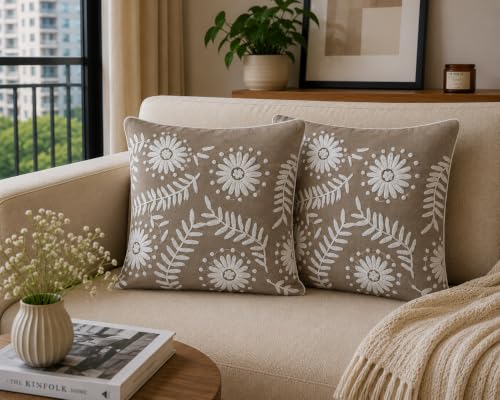 Image of Prista Embroidered Cushion Covers Set of 2 (16x16 Inch) | Floral Cushion Cover for Sofa | Decorative Throw Pillow Covers for Living Room | Hidden Zipper (Ivory Meadow)