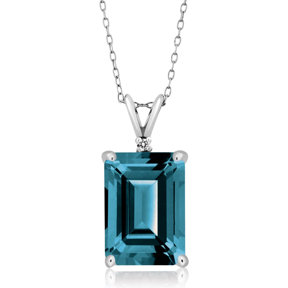 Gem Stone King 5-10 Cttw Gemstone Birthstone and Round Accent White Diamond Necklace | 14X10MM Emerald Cut | 925 Sterling Silver | Pendant Necklace