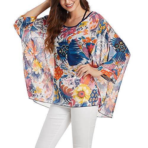 Image of Ckikiou Plus Size Batwing Flowy Semi Sheer Chiffon Blouse Tunic for Women Summer Floral Print Boho Beach Cover ups