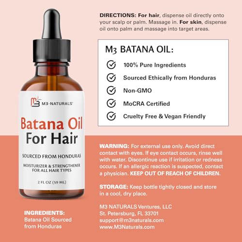 Image of M3 Naturals Vegan Batana Oil | Unrefined Batana Oil for Hair & Skin | Supports Healthy Skin & Collagen Production | 100% Pure Batana & Non-GMO | 2 FL OZ (59 ML)