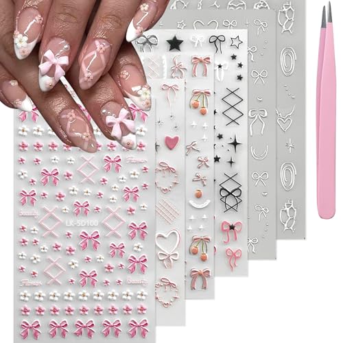 SEMATA Bow Nail Art Stickers 5D Embossed Flower Nail Decals Spring Summer 3D Self Adhesive Bow Cherry Nails Decoration Supplies for Women Nails Design