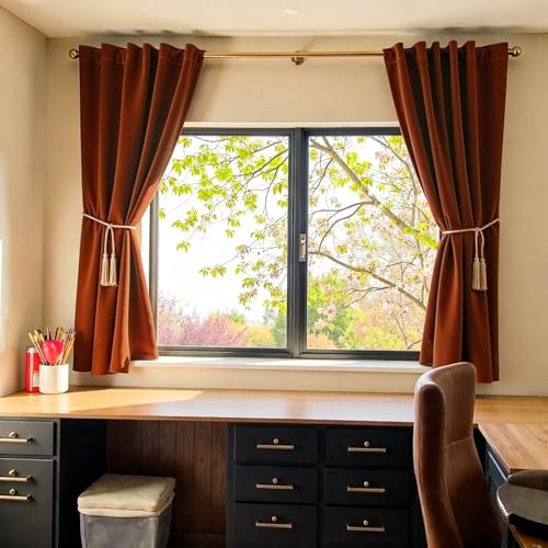 Image of Burnt Orange Velvet Curtains Warm Rod Pocket 52x63 Inch 2 Panels | Soft Velvet, Light Filtering, For Small Windows, Kitchens & Bathrooms, Light Shifting Texture, Elegant Drape, Luxury