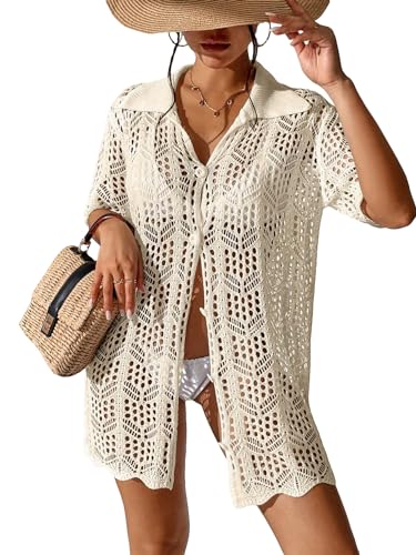 GORGLITTER Women's Crochet Swimsuit Coverups Dress Button Down Short Sleeve Beach Vacation Summer Cover Up Dresses 2025
