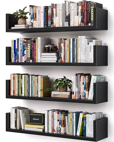 VMROF Wall Bookshelf Set of 4 U Shaped Floating Bookshelf Hanging Bookshelves for Wall Wall Mounted Shelves for Living Room Bedroom Office (Black 17 Inches 4)