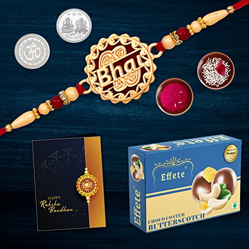 Image of DeoDap Multicolor Bhai Coded Rakhi Bracelet Roli with Chocolate Butter Scotch 32gm, Silver Pooja Coin, Tilak Set, Greeting Card - Rakhi Gift for Brother