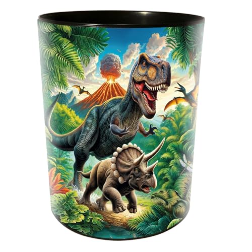 Image of goldbuch 82 157 Waste Paper Bin, Plastic, Multi-Colour | Children's Washable Plastic Paper Bucket with Volcano and Dinosaur Motif 12 Litres
