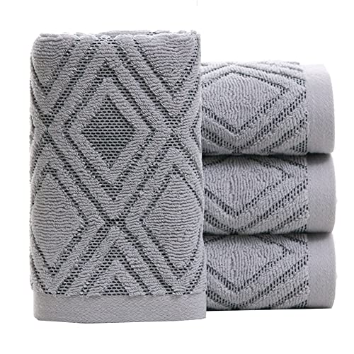 Pidada Hand Towels Set of 4 Diamond Pattern 100% Cotton Absorbent Soft Decorative Towel for Bathroom (Gray)