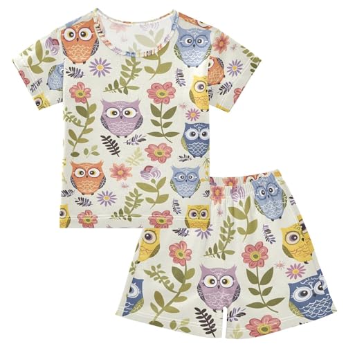 ALAZA Owl Bird Flower Pajamas Set Short Sleeve Cotton Sleepwear Summer Pjs 2 Piece 5-14Y