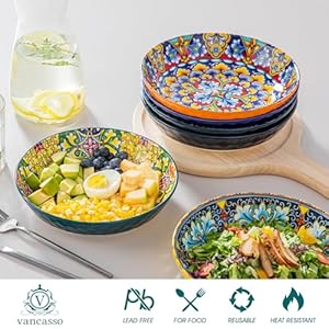 vancasso Pasta Bowls, Ceramic Salad Bowls of 6, 32 oz Large Corlorful Serving Bowls for Kitchen, Dishwasher & Microwave Safe Soup Bowls, Pasta Plates vancasso Pasta Bowls Ceramic Salad Bowls of 6 32 oz Large Corlorful Serving Bowls for Kitchen Dishwasher Microwave Safe Soup Bowls Pasta Plates