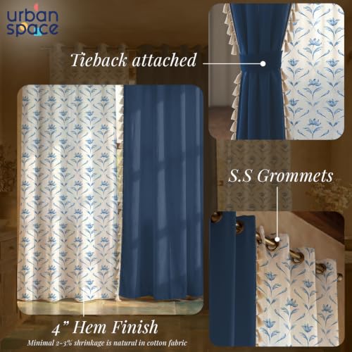 Image of Urban Space Floral 100% Cotton Curtains For Window, Combo Set Of 3 Curtains 5 Feet Long, 60-65% Room Darkening Curtain, Tieback & Eyelets Included With Curtains For Home Decor (Water Lily, 5 Feet)