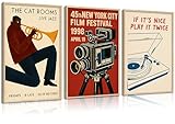 3Pcs Vintage Jazz Music Wall Art Classic Film Festival and Gramophone Pictures Wall Decor Movie Posters Vinyl...