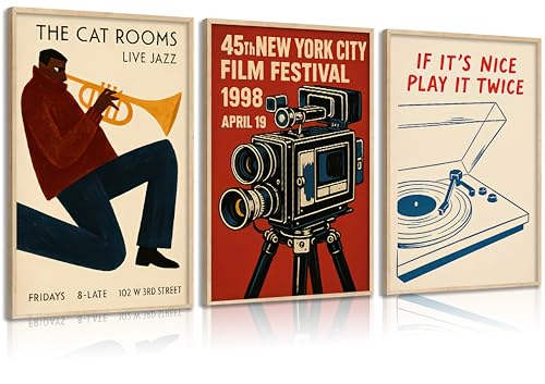 3Pcs Vintage Jazz Music Wall Art Classic Film Festival and Gramophone Pictures Wall Decor Movie Posters Vinyl Record Player Painting Print Artwork for Bar Pub Home Movie Theater Media Room, Unframed
