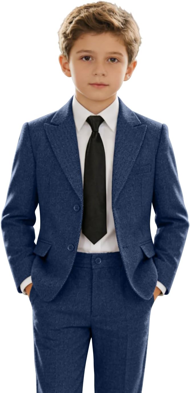 Boys Suits Herringbone Tweed Slim Fit 4 Pieces for Kids Formal Wedding Tuxedo Suit Jacket Set Dress Clothes for Party