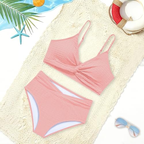 Image of Girls Swimsuit Solid Bathing Suit 2 Piece Twist Cross Adjustable Straps Soft Lining Bikini for Teen Girls with Chest Pad