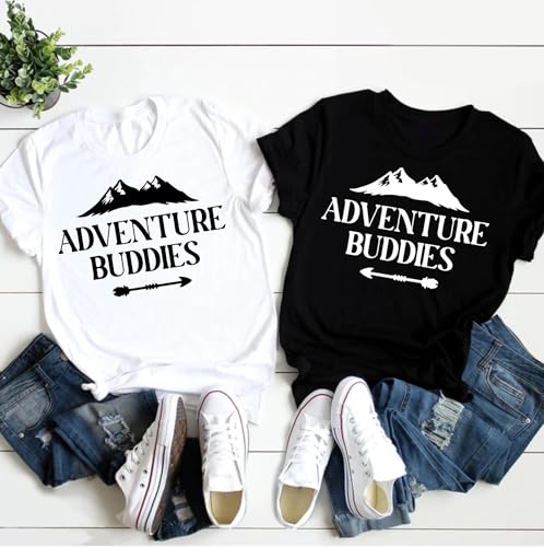 Couples Adventure Buddies T-Shirt, Matching Mountain Outfit for Women, Hiking Camping Tees, Vacation Camper Shirt, Forest Casual Print Short Sleeve Tops, Travel Clothes3