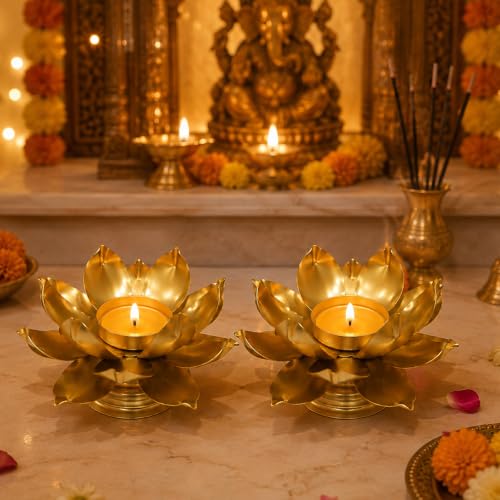 Image of Easyera Beautiful Lotus Tealight Holder Candle Stand Metal Home Decoration Festival Occasions Diwali (Not Include Glass Candle) Golden Pack ((Golden) Mini Lotus 4 /Crystal Holder 4)