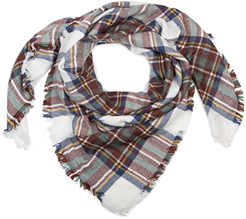 styleBREAKER Écharpe carrée XXL, plaid avec motif tartan écossais à carreaux et franges, unisexe 01018136, couleur:Blanc-bleu-marron