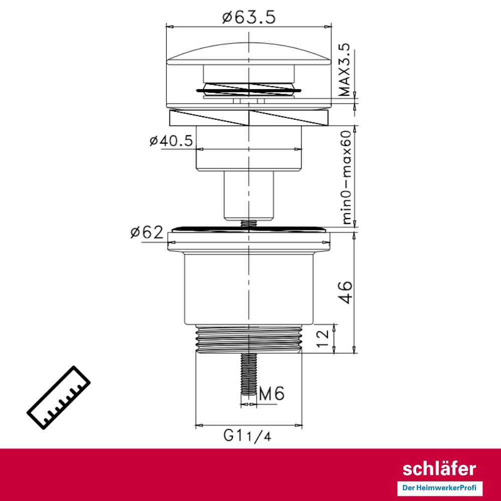 Schläfer Piletta Click-Clack Universale 1 1/4 in Ottone, Grigio Scuro Antracite Gun Metal Lucido, Scarico diametro 40.9 mm 4051103 con Tappo Tondo per Lavabo e Bidet,