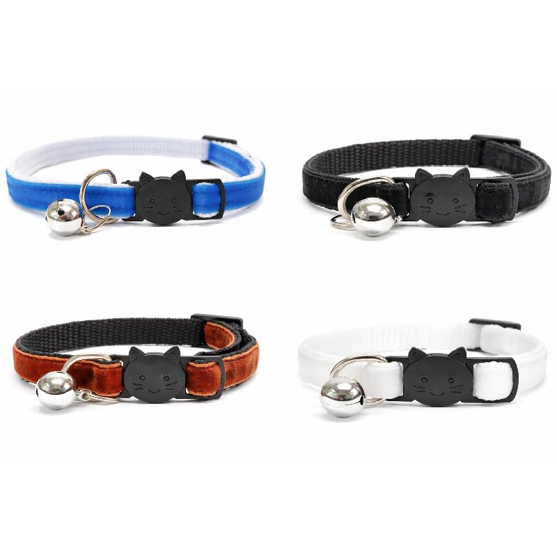Velvet Cat Collars with Bell. Safe Quick Release Breakaway Buckle | Zacal Cat Collars (Pack of 3) (White + Black + Brown + Blue, Pack of 4)