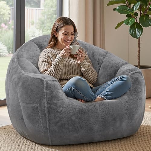 HOOBRO Bean Bag Chair, Oversized Bean Bag Sofa for Adults, Comfy Faux Fur Reading Chair with Memory Foam Filling, Stuffed Large Lounge Floor Sofa for Bedroom, Corner, Grey GY01SO01