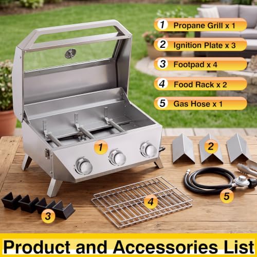 Image of Bestfire 3-Burner Tabletop Propane Gas Grill, 30,000 BTU Portable Propane BBQ Grill with Viewing Glass Lid & Thermometer, Stainless Steel Outdoor Cooking Grill for Camping, RV, Patio and Tailgating
