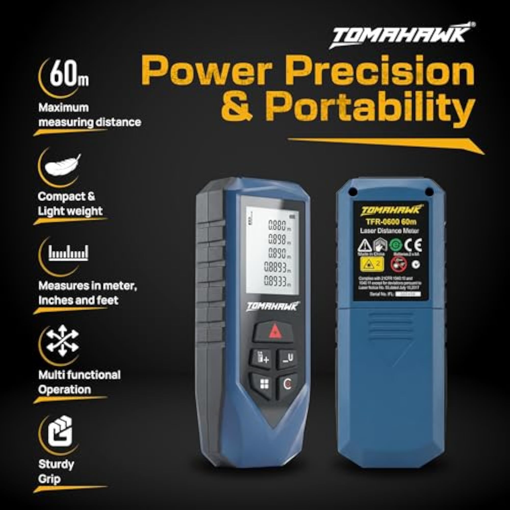 Laser Distance Measurer, 60m Range, Waterproof