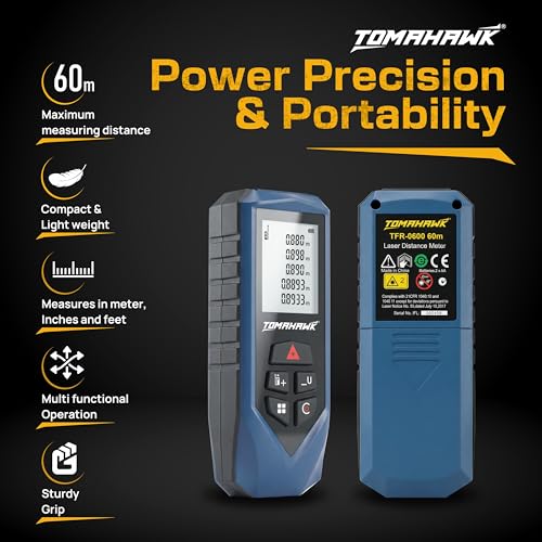 Image of TOMAHAWK TFR-0600 LT Laser Distance Measurer, 60m /194ft Range | Laser Class 2, Range up to 60 m, ±2 mm | Versatile Laser Measuring Device | IP54 Waterproof Level | Backlit LCD, Batteries Included