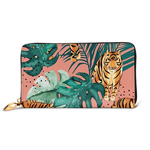 Preisvergleich Produktbild JHGFG Mode Handtasche Reißverschluss Brieftasche Exotisches Muster Tropische Blätter Tiger Telefon Kupplung Geldbörse Abendkupplung Blockieren Leder Brieftasche Multi Card Organizer