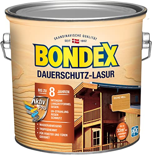 Bondex Dauerschutz Lasur Eiche hell 2,5 L für 32 m² | Hoher Wetter- und UV-Schutz bis zu 8 Jahre | Tropfgehemmt | Natürliches Abwittern - kein Abplatzen | Dauerschutzlasur| Holzlasur