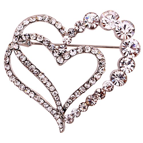 Amybria Elegant Silver Plated Hollow Crystal Two-Heart Brooch Pin Women Gift