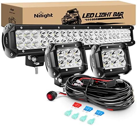 Nilight - ZH002 20Inch 126W Spot Flood Combo Led Off Road Led Light Bar 2PCS 18w 4Inch Spot LED Pods With 16AWG Wiring Harness Kit-3 Lead, 2 Years Warranty