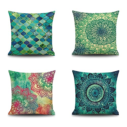 Lieson 4 Coussin Canape 50x50, Housse Oreiller Canapé Vert Multicolore Coussin Deco Salon Motif Fleurs Geometrique, Lin