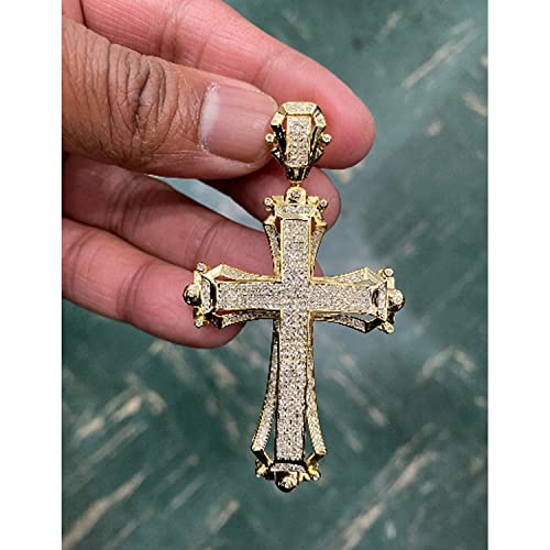 TGDJ 10K Yellow Gold Diamond Cross Pendant For Men and Women | 2.9 x 1.65 inch Round Cut Real Gold White Diamond Necklace Chain Mens Pendant 1.20 CT | Custom Jewellery2