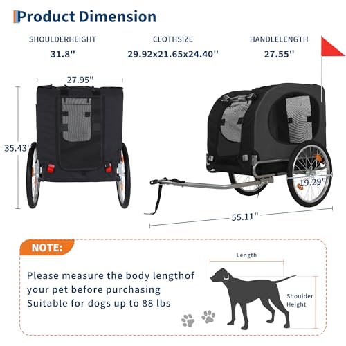 Dog Bike Trailer, 88LBS Dog Cart for Bicycle, Foldable Pet Carrier for Large Breed Dogs, Quick Release Wheels & Non-Slip Lining, Safety Flag, Bicycle Trailer Attachment for Medium Dogs