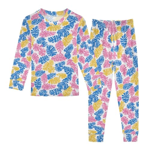 ALAZA Tropical Palm Leaves Blue Yellow Pajamas Long Sleeve Sleepwear 2-Piece Pajama Set