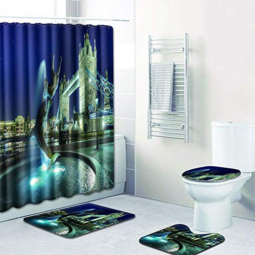 GWFVA Set aus Duschvorhang und Badematte, 4-teiliges wasserdichtes, rutschfestes Duschvorhang- und Teppichset mit 12…
