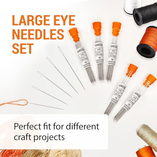 Hilo de coser encerado (color blanco), agujas resistentes (11 piezas) y agujas afiladas de ojo grande (50 piezas) – Agujas duraderas para coser a mano, adecuadas para cuero, lona y más miniatura 6