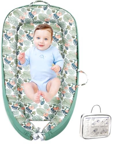 Image of Portable Baby Lounger for Supervised Play and Rest, Soft Breathable Infant Mat for Tummy Time, Home, Travel, Baby Gifts- Leaf