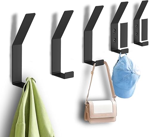 Yutigo Ganchos de pared para colgar abrigos, 5 ganchos de pared resistentes de metal negro para colgar abrigos, mochilas, sombreros, chaquetas,