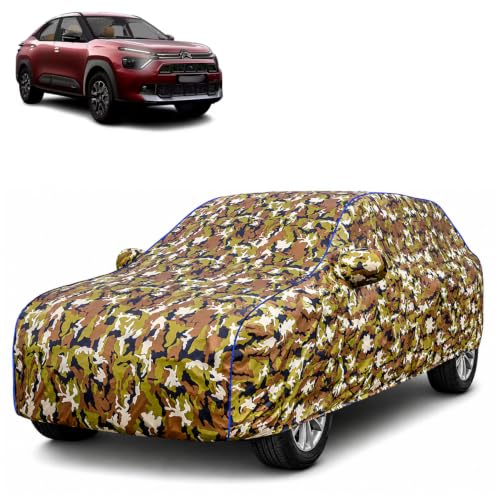 Image of Waterproof Car Body Cover for Citroen Basalt X with Mirror Pocket| Cotton Inner Lining | Triple Stitched | All Weather Protection | Dust, UV & Rain Proof (Camouflage with Blue Piping)