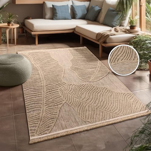 Paco Home Tapis Exterieur Terrasse Salon Cuisine Motif Boho Motif Fleuri Franges Beige, Dimension:160x220 cm