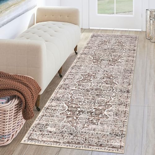 KUTA Vintage Washable Runner Rug, 2x6 Brown Runners for Hallways Non-Slip Floral Kitchen Rugs Ultra Soft Printed Distressed Floor Carpet for Laundry Bedroom Living Room Nursery